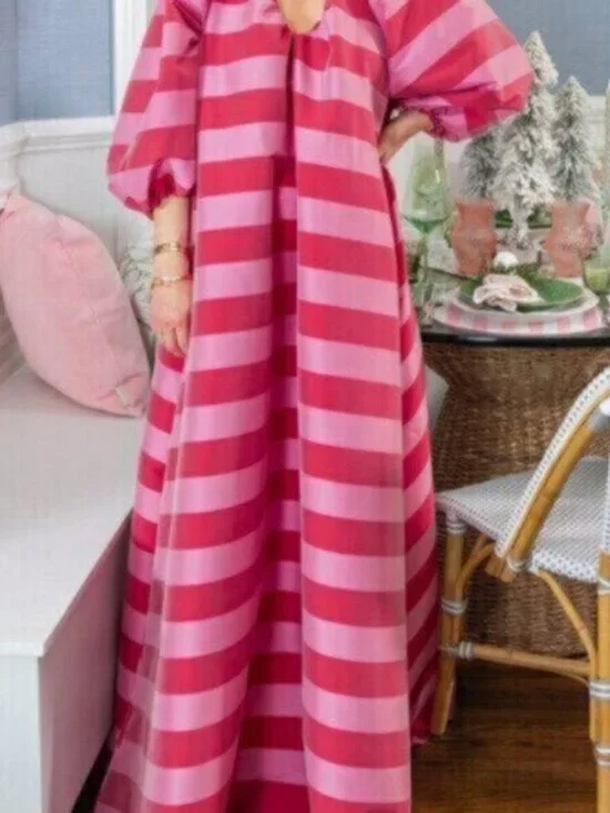 Pink Red Casual Women's V-Neck Striped Maxi Dress - Picture 6 of 7